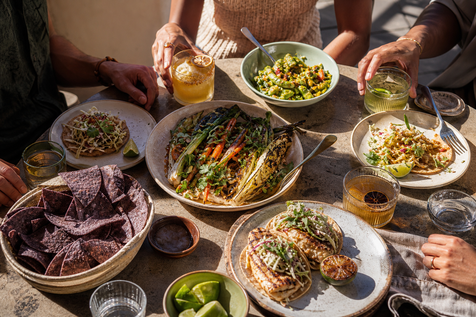 Colorful plates arranged for a shared meal