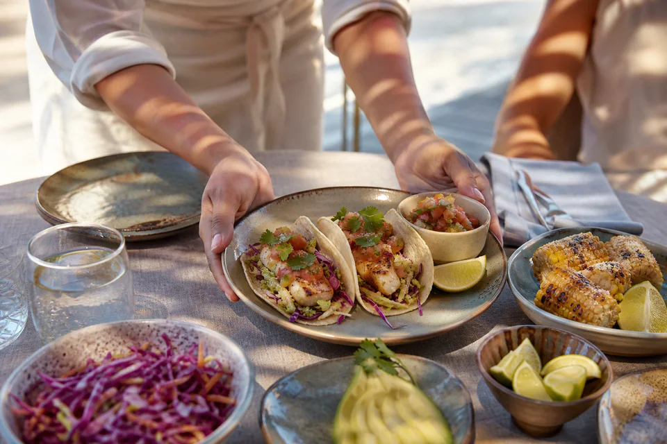 Tacos served in warm patterned light