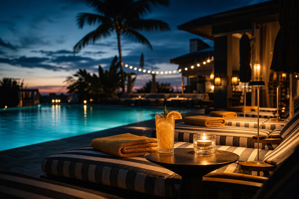 Sunlit loungers beside a turquoise pool